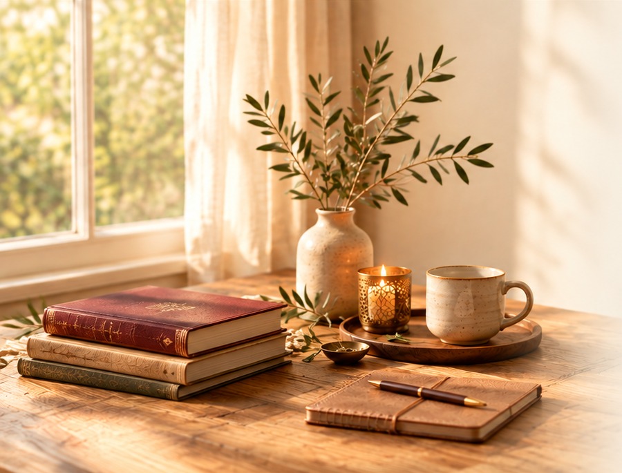 Sunlit wooden table with stacked burgundy books, an olive branch in a ceramic vase, a glowing candle, a mug, and a journal with a pen